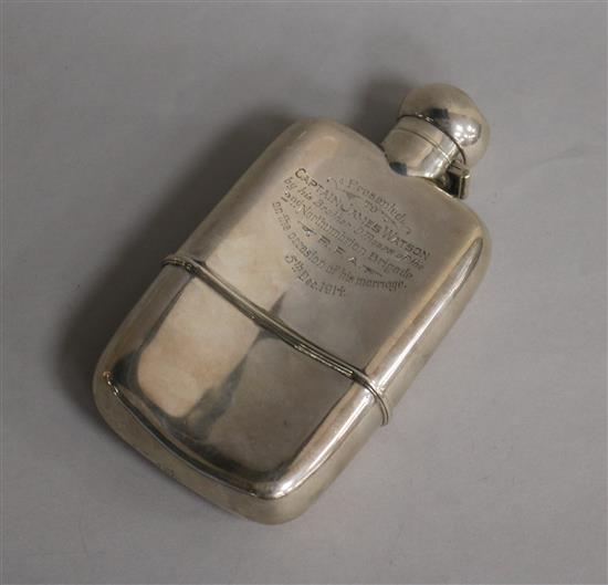 A George V silver pocket flask by Walker & Hall, with engraved inscription, 14cm.